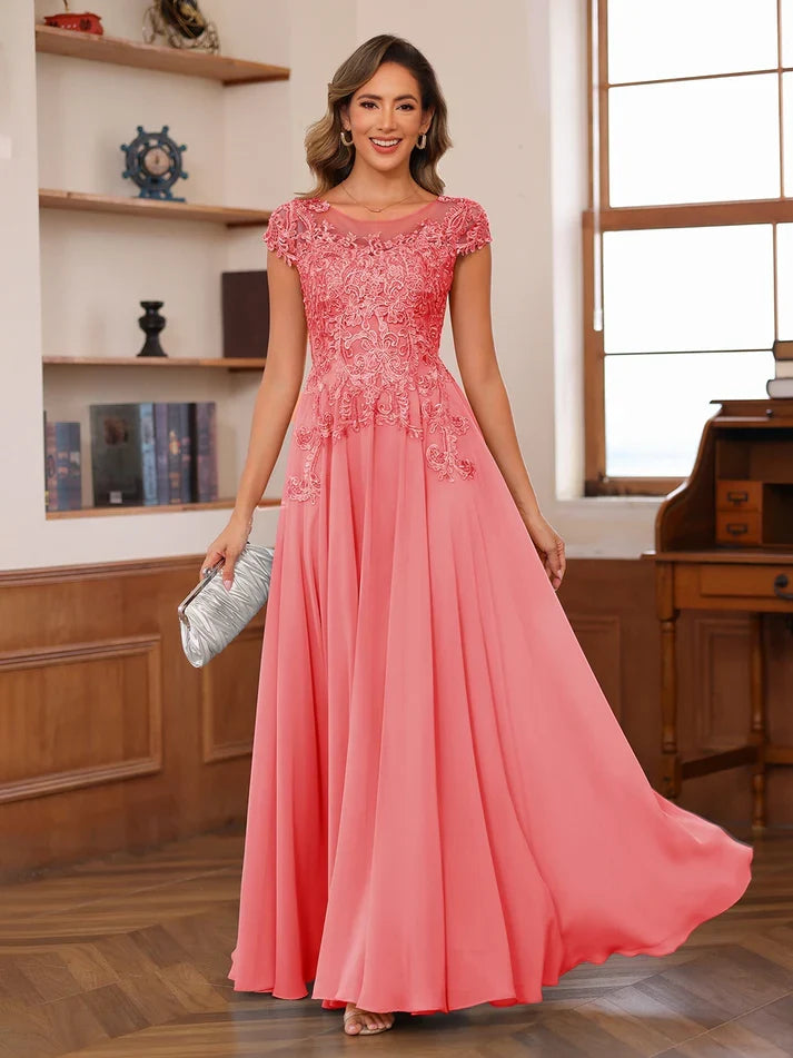 Colette | A-Line Scoop Neck Chiffon Dress with Appliqué