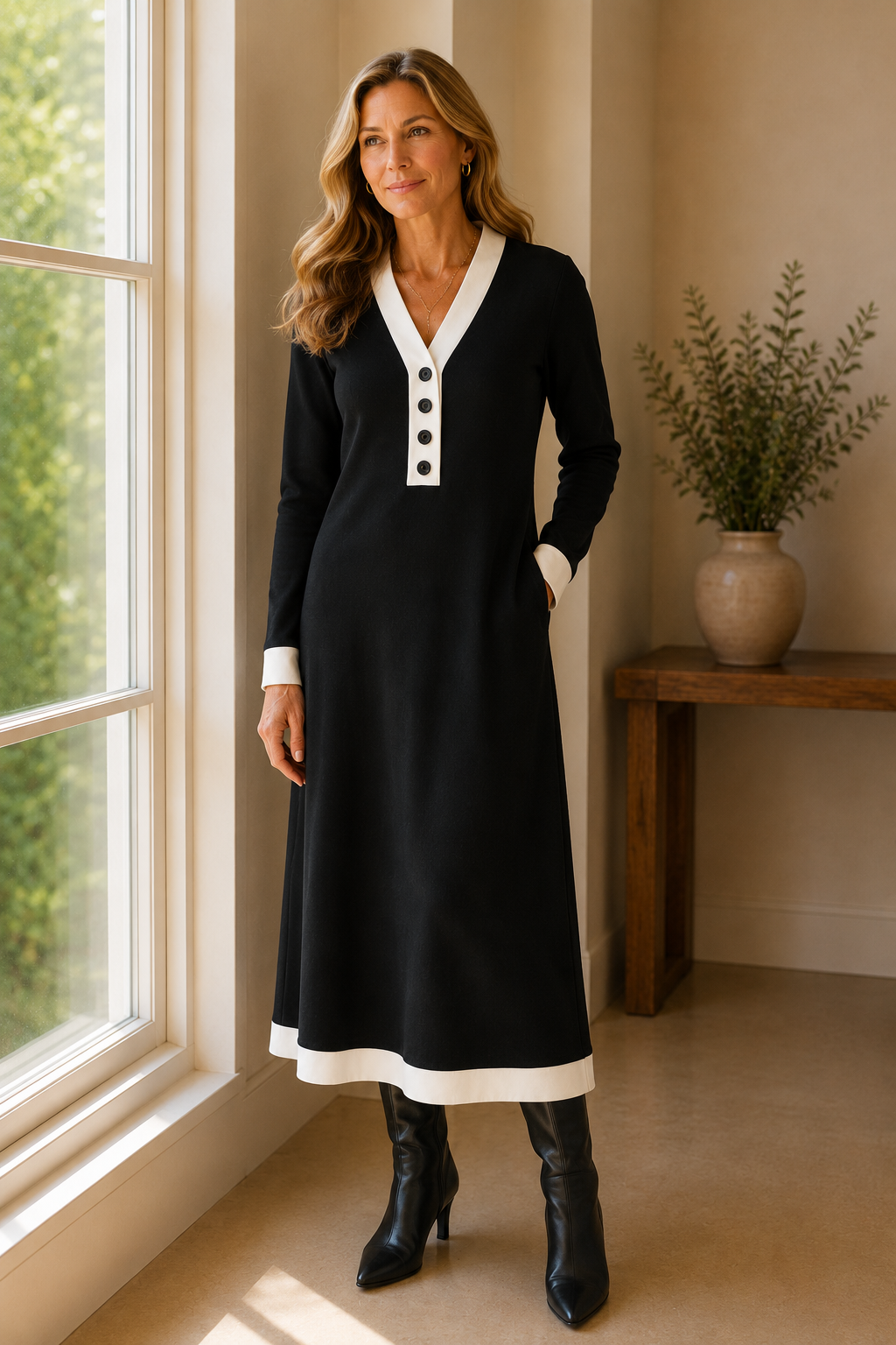 Celeste | V-Neck Contrast Midi Dress