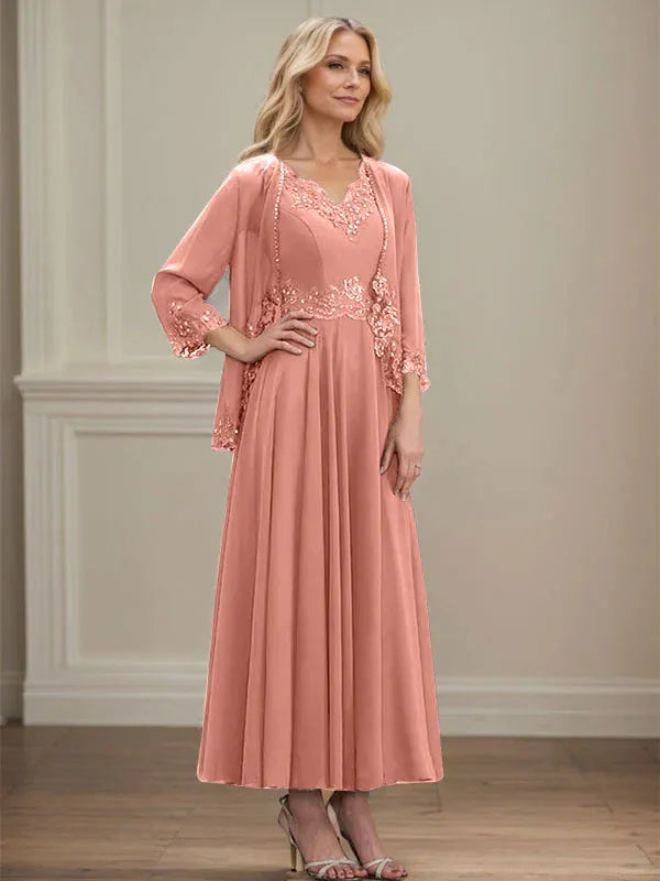 Evelina | A-Line Chiffon Dress with Sequins & Lace