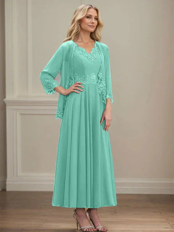 Evelina | A-Line Chiffon Dress with Sequins & Lace