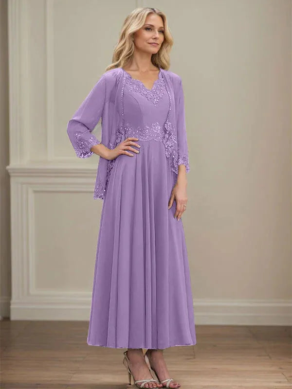 Evelina | A-Line Chiffon Dress with Sequins & Lace