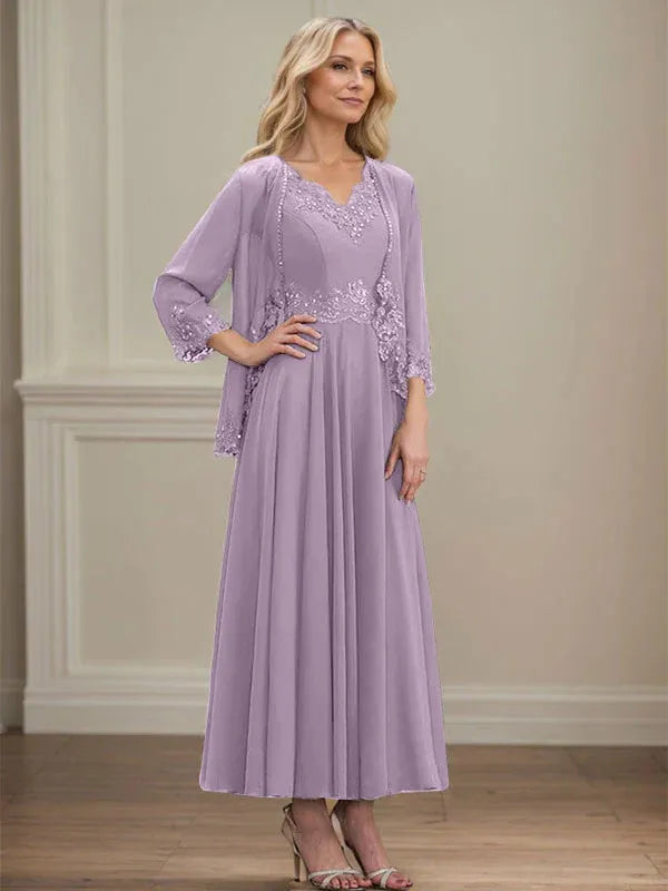 Evelina | A-Line Chiffon Dress with Sequins & Lace