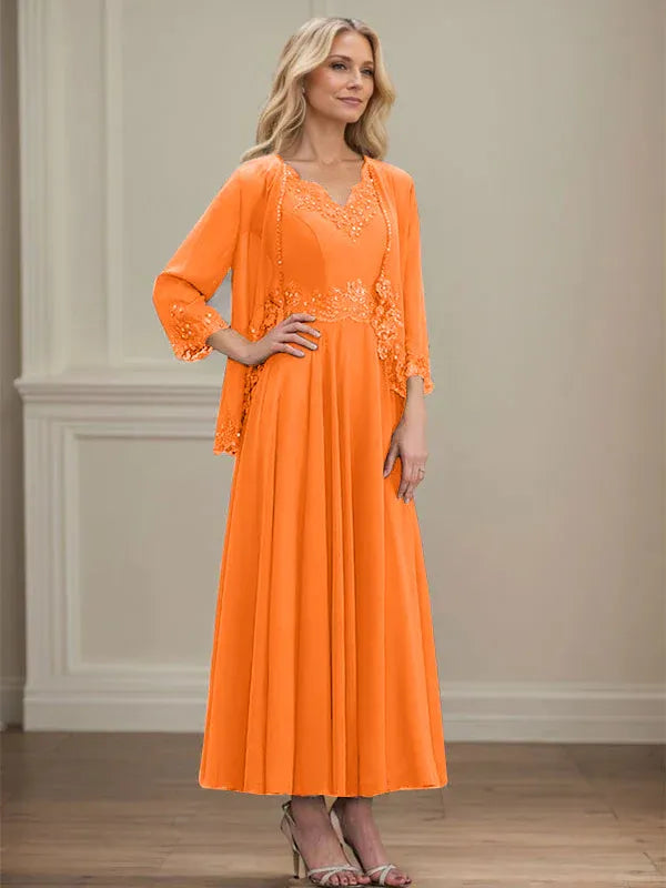Evelina | A-Line Chiffon Dress with Sequins & Lace