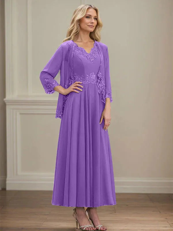 Evelina | A-Line Chiffon Dress with Sequins & Lace