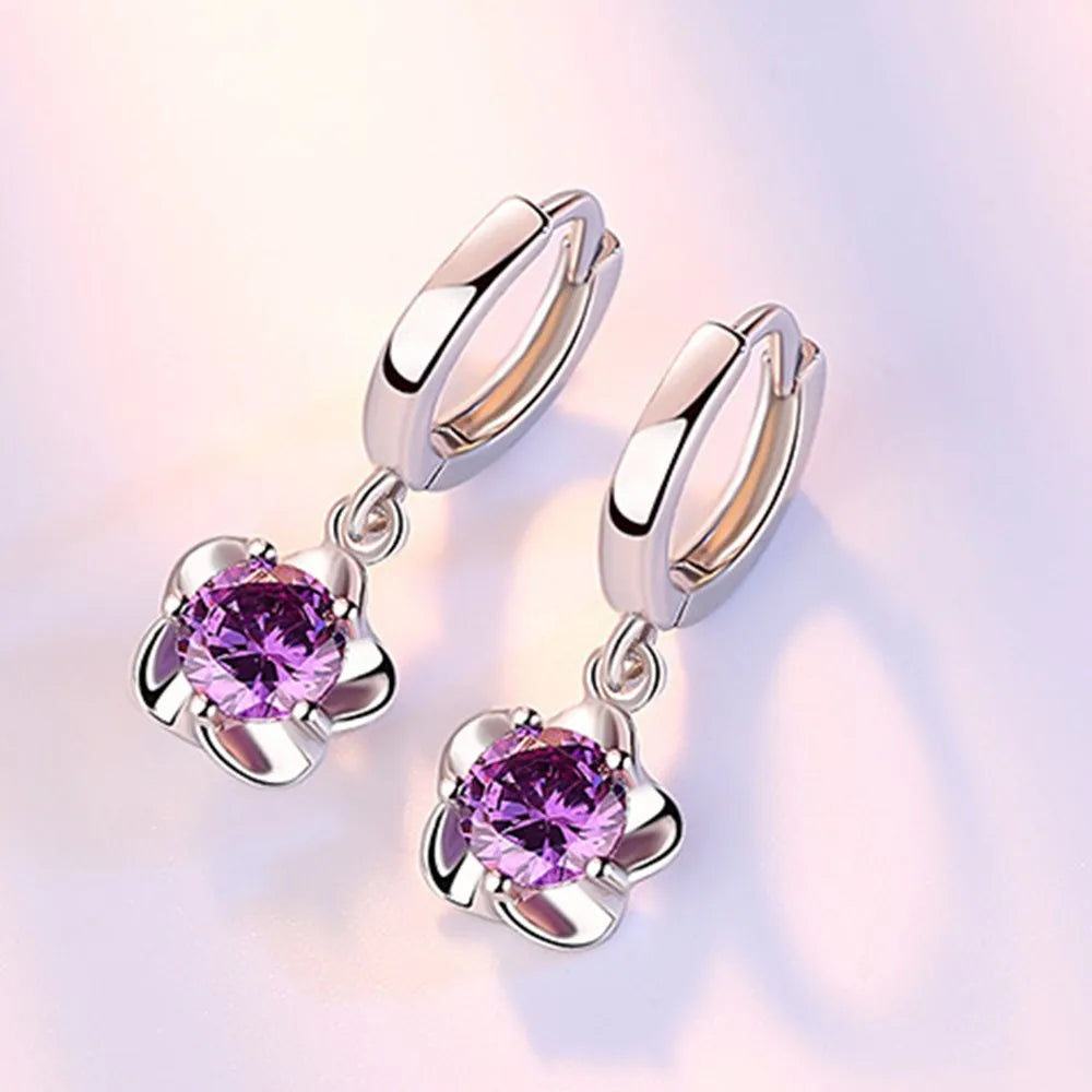 Sterling Silver Earrings with Purple and White Zircons