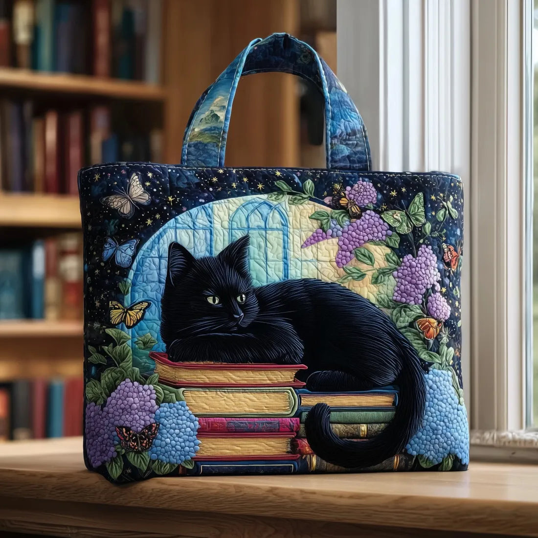 Quilted Tote- Black Cat on Books