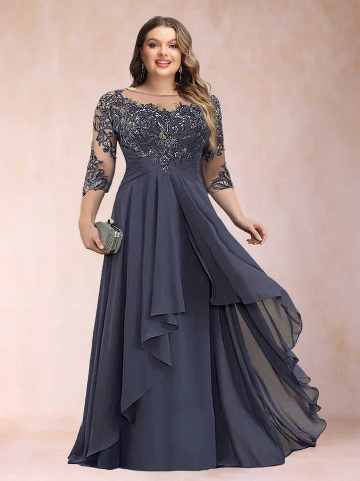 Celeste| A-Line Scoop Neck Chiffon with Appliqués & Ruffles