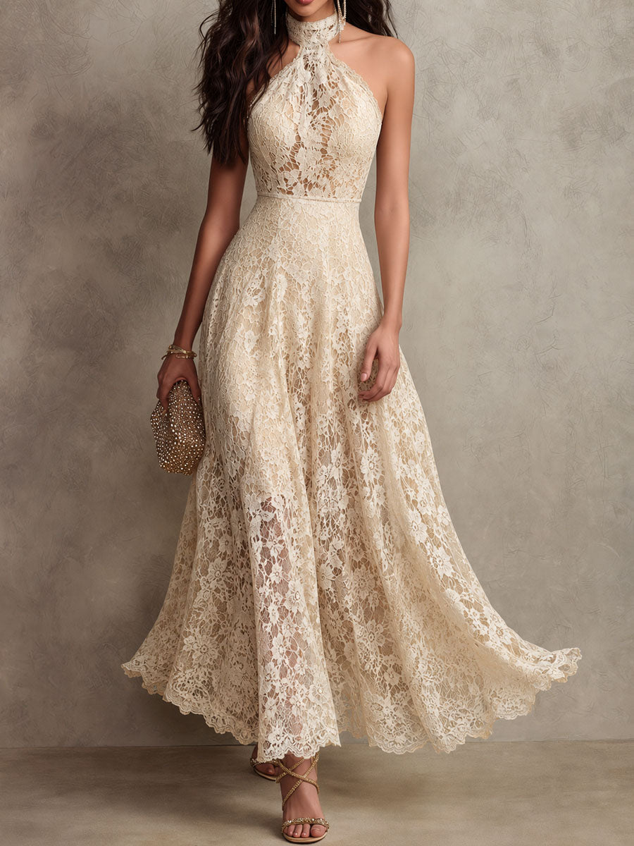Retro Eelgant Ivory Lace Halter Evening Maxi Dress
