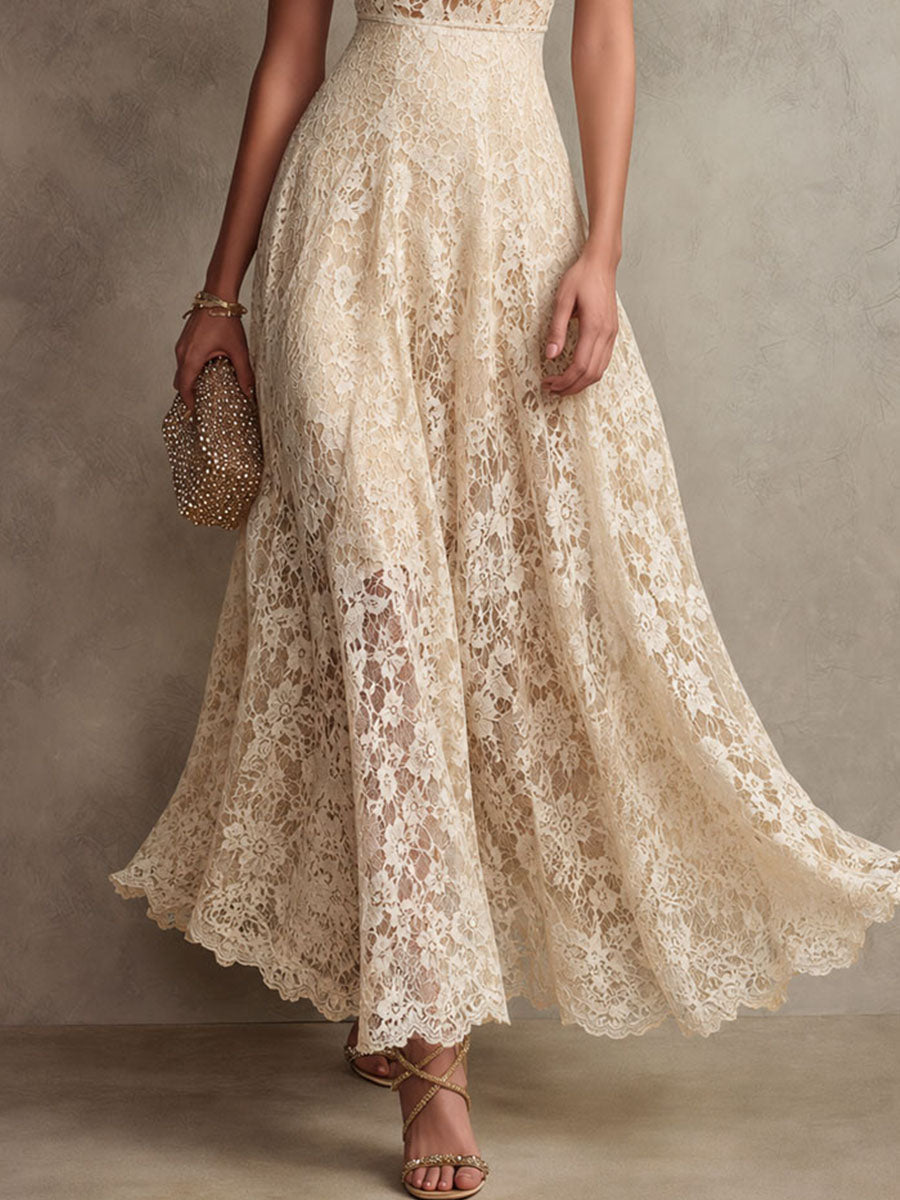 Retro Eelgant Ivory Lace Halter Evening Maxi Dress