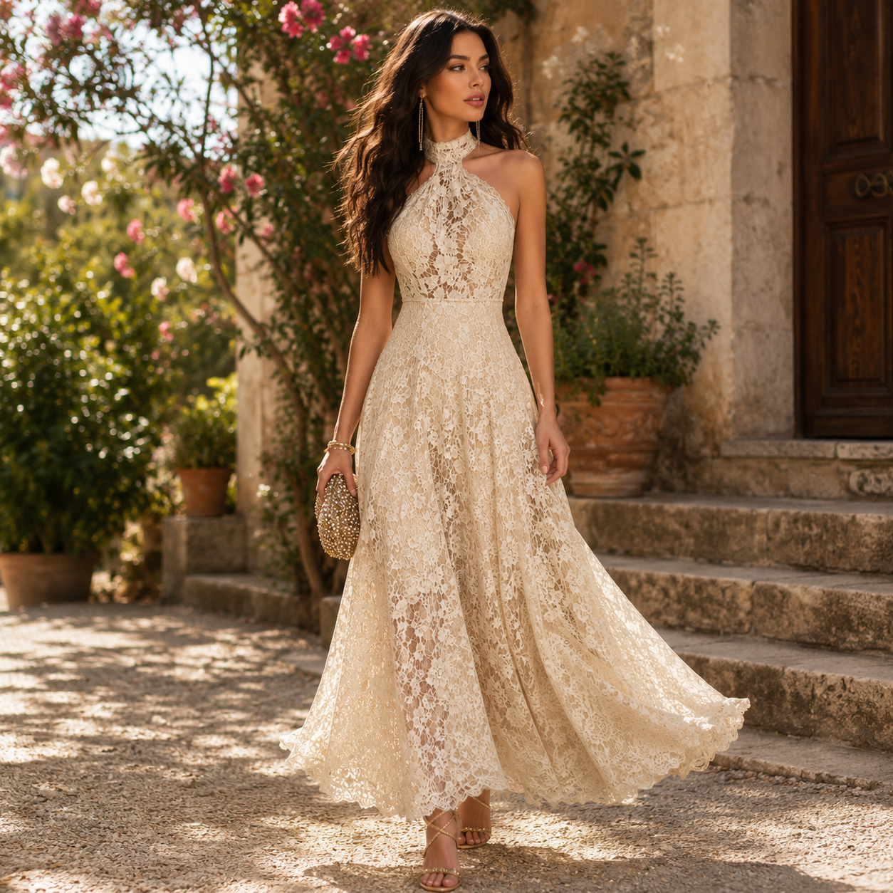 Retro Eelgant Ivory Lace Halter Evening Maxi Dress