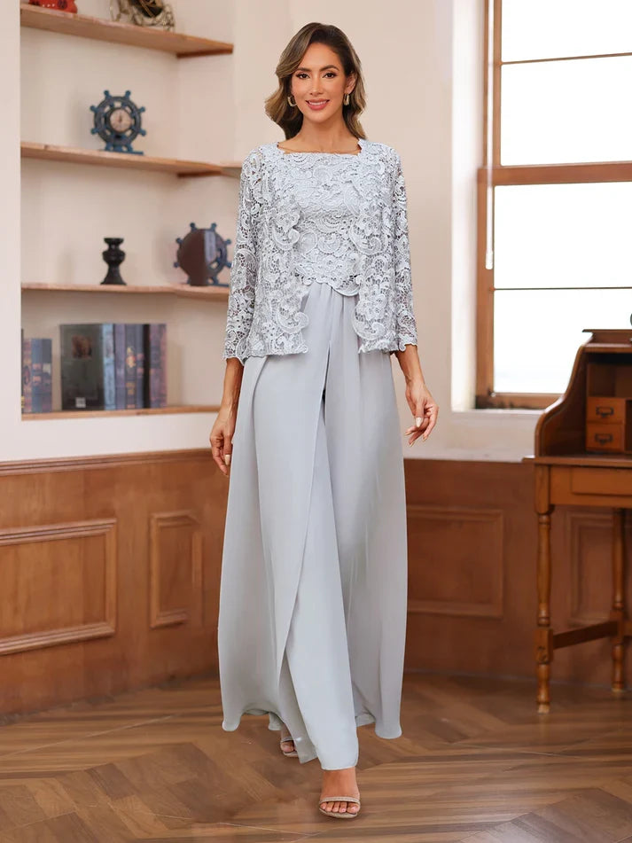 Diana – Lace & Chiffon Square Neck Pantsuit with Jacket