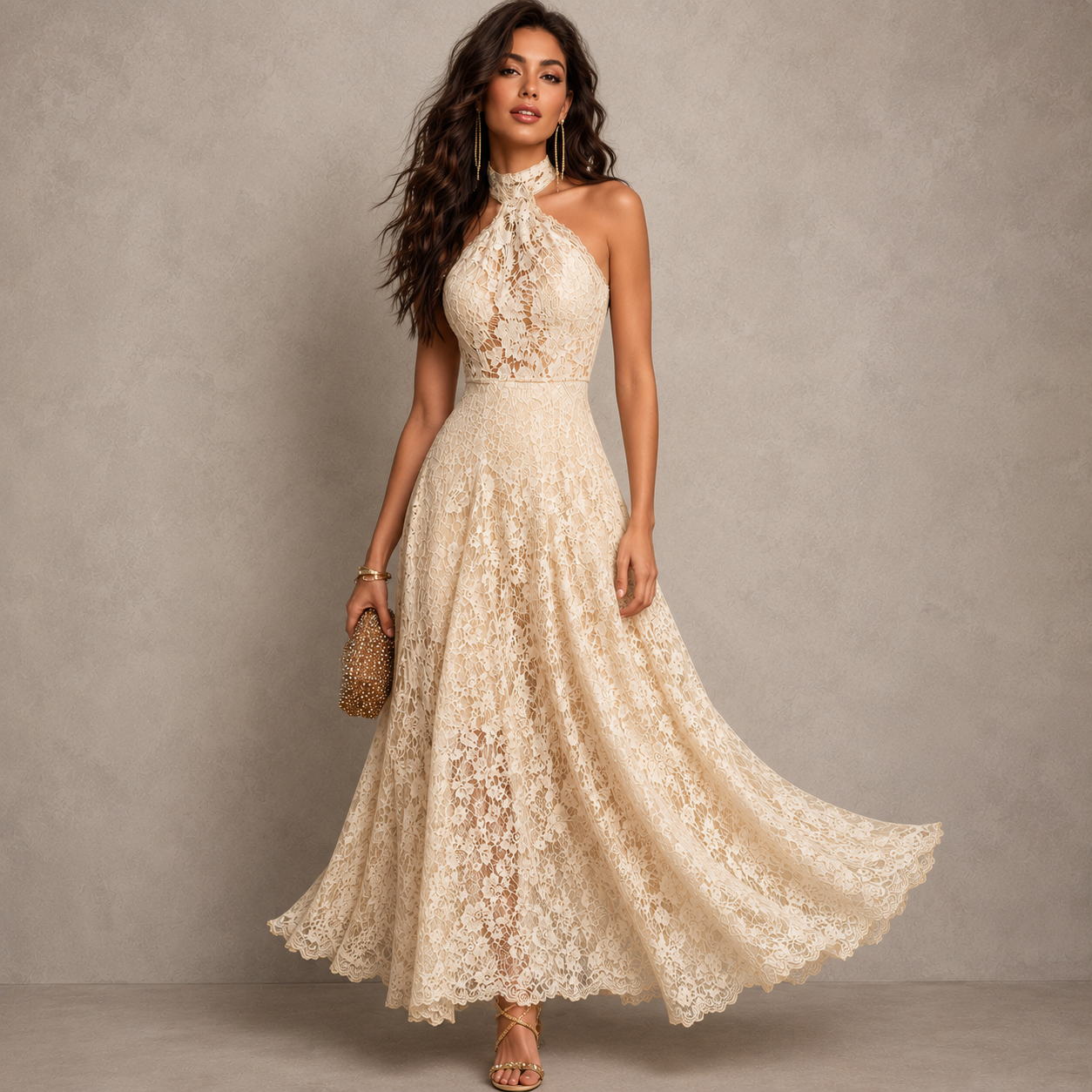 Retro Eelgant Ivory Lace Halter Evening Maxi Dress