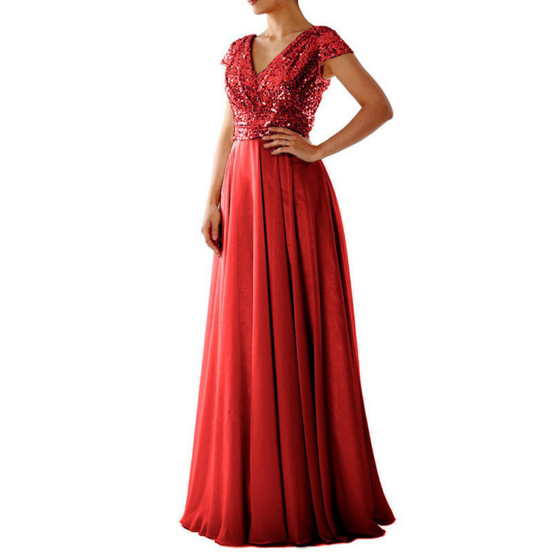 Marcella | V-Neck Sequin & Chiffon Evening Dress