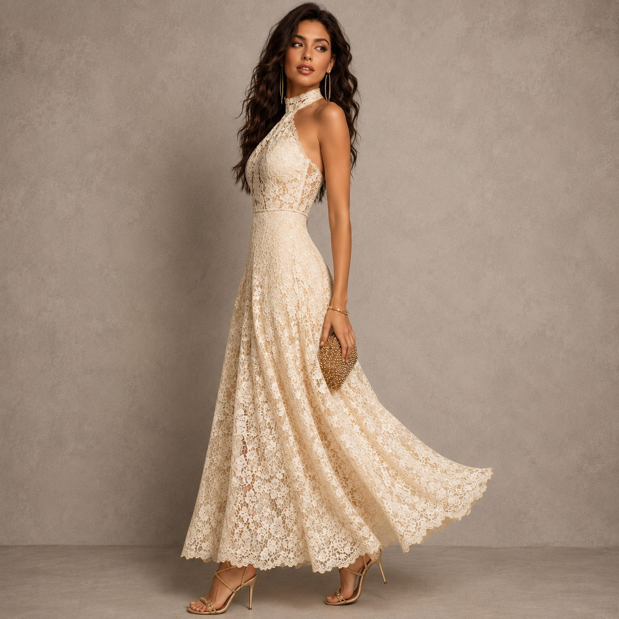 Retro Eelgant Ivory Lace Halter Evening Maxi Dress
