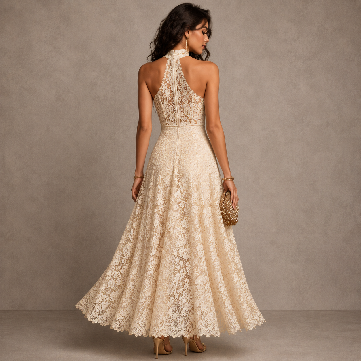 Retro Eelgant Ivory Lace Halter Evening Maxi Dress