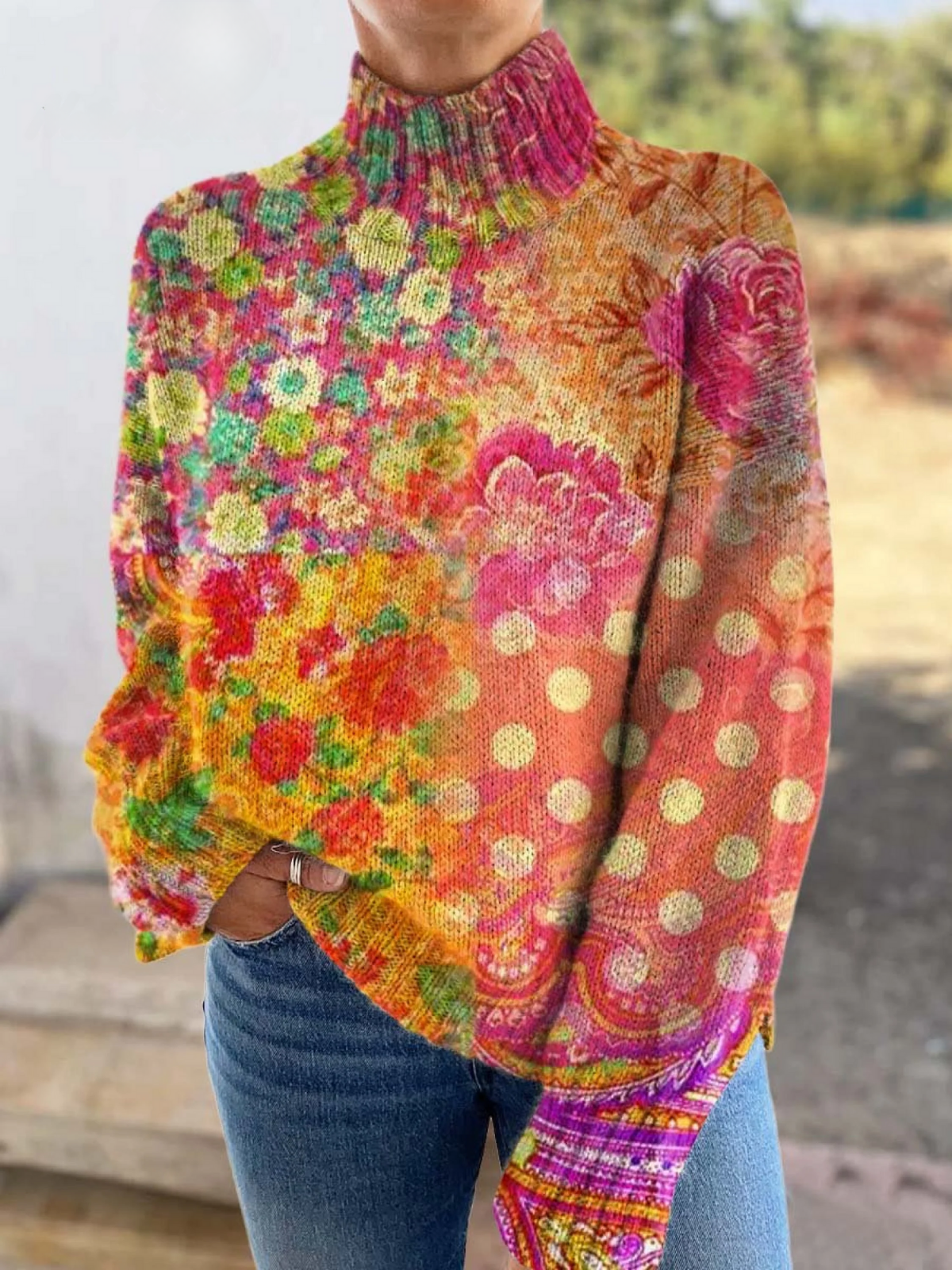 Floral Polka Dot Knitted Sweater