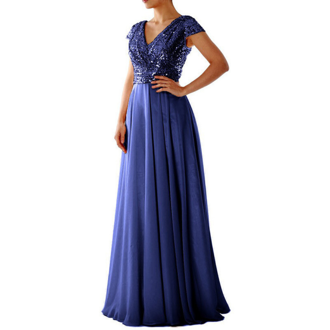 Marcella | V-Neck Sequin & Chiffon Evening Dress
