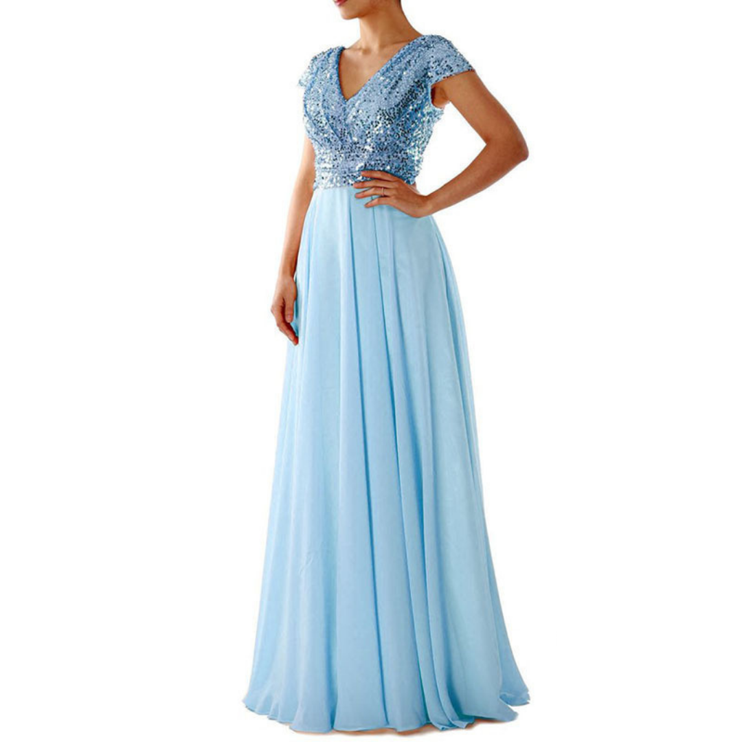 Marcella | V-Neck Sequin & Chiffon Evening Dress