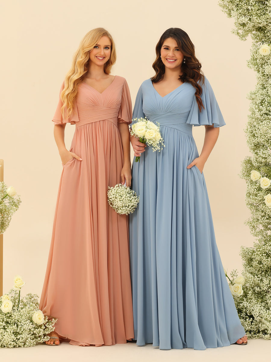 Elise | A-Line V-Neck Chiffon Dress with Pockets