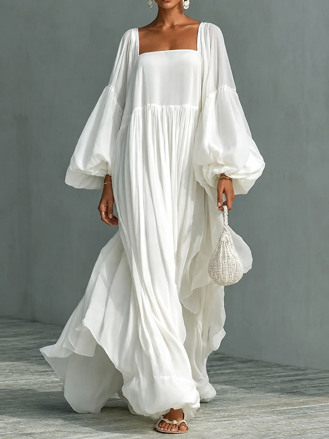 Caroline Square-Neck Puff-Sleeve Maxi Dress