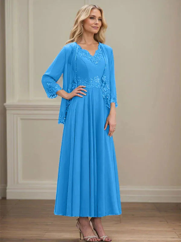 Evelina | A-Line Chiffon Dress with Sequins & Lace