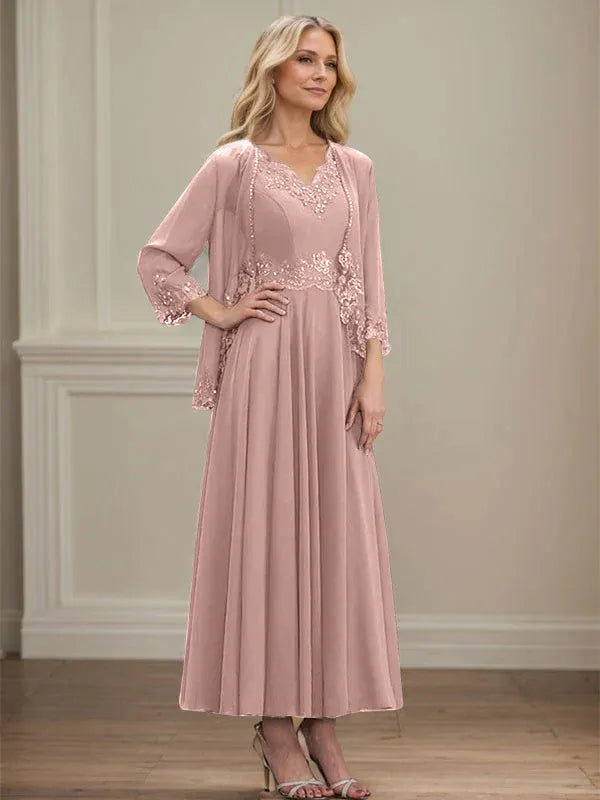 Evelina | A-Line Chiffon Dress with Sequins & Lace