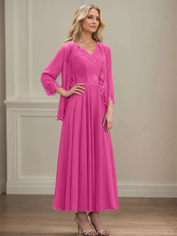 Evelina | A-Line Chiffon Dress with Sequins & Lace