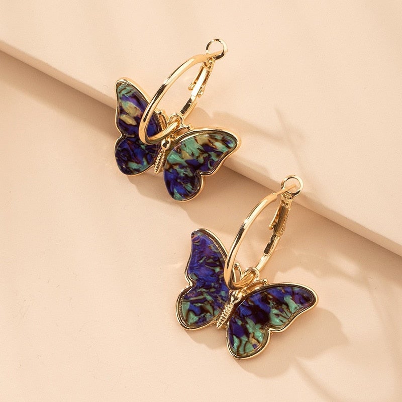 Gold Multicolored Butterfly Hoop Earrings