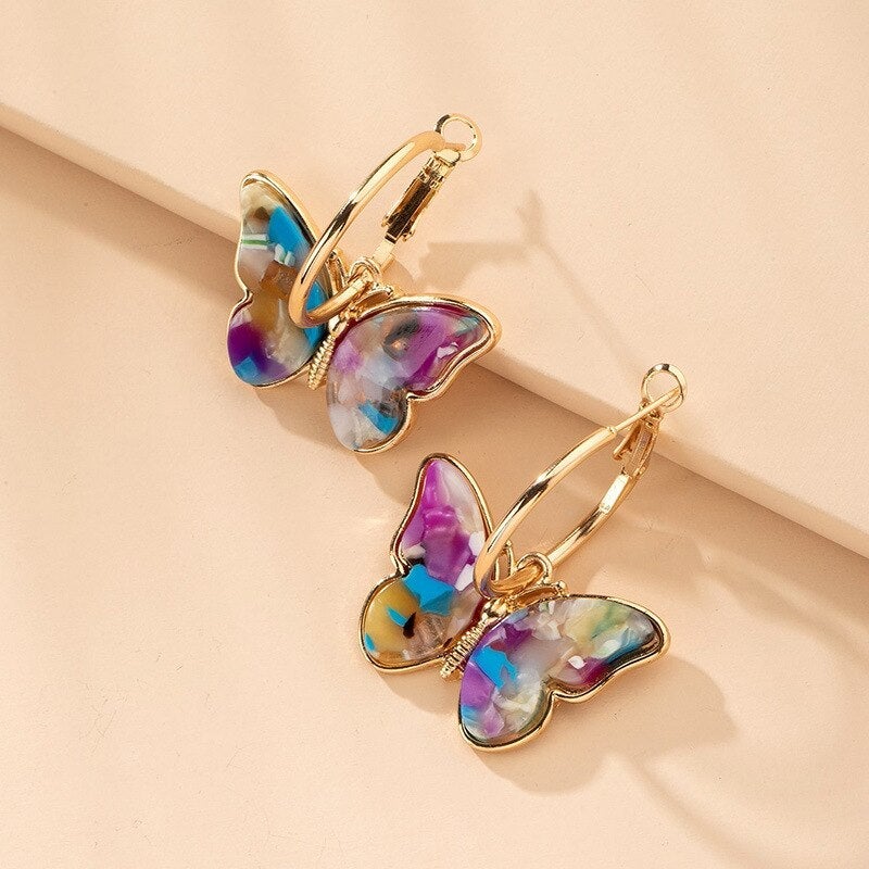 Gold Multicolored Butterfly Hoop Earrings