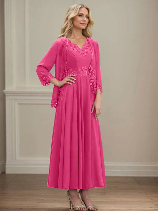 Evelina | A-Line Chiffon Dress with Sequins & Lace