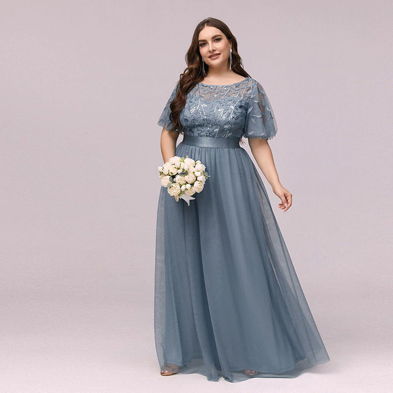 Genevieve | Plus Size Sequin Embroidered Mesh A-Line Evening Dress