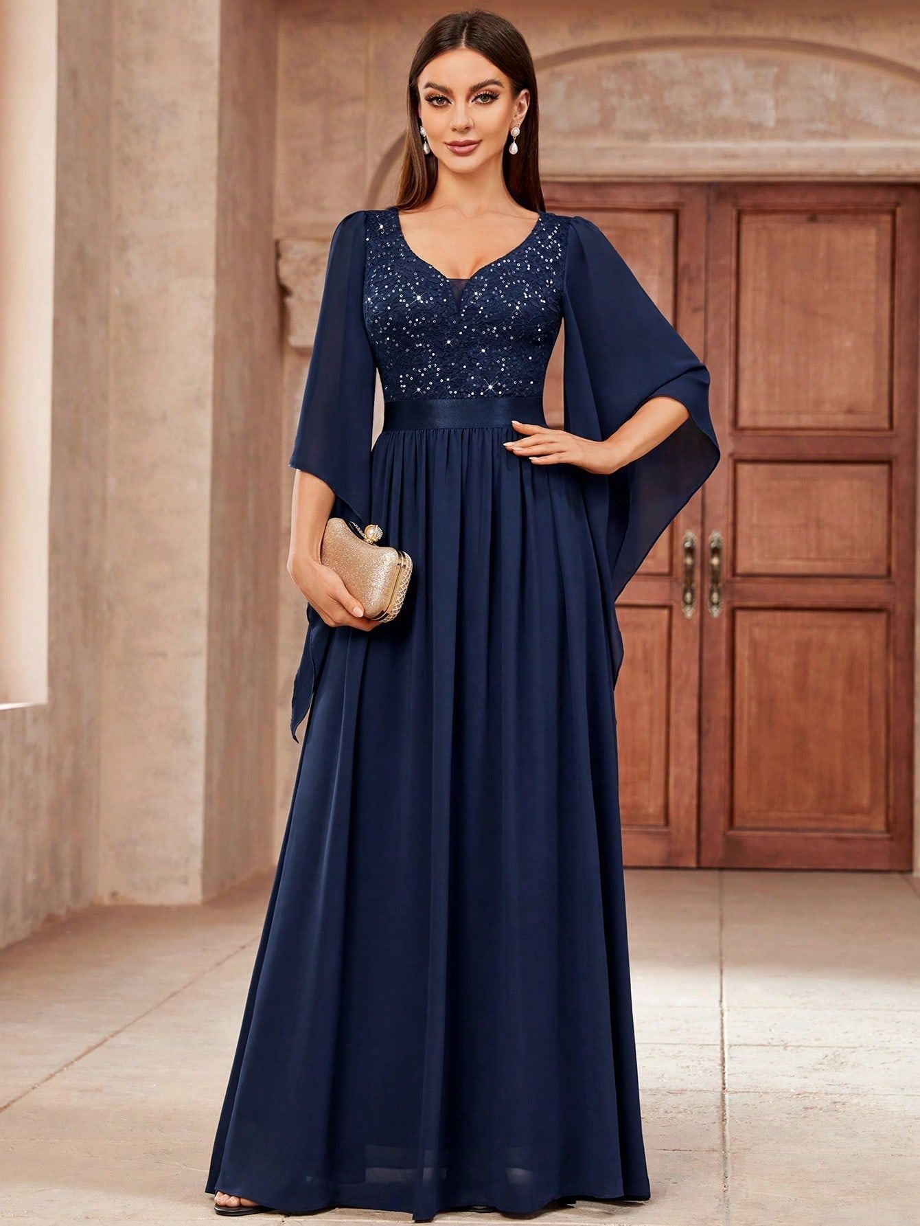 Lucinda | Sequined Chiffon V-Neck A-Line Mid-Length Dress