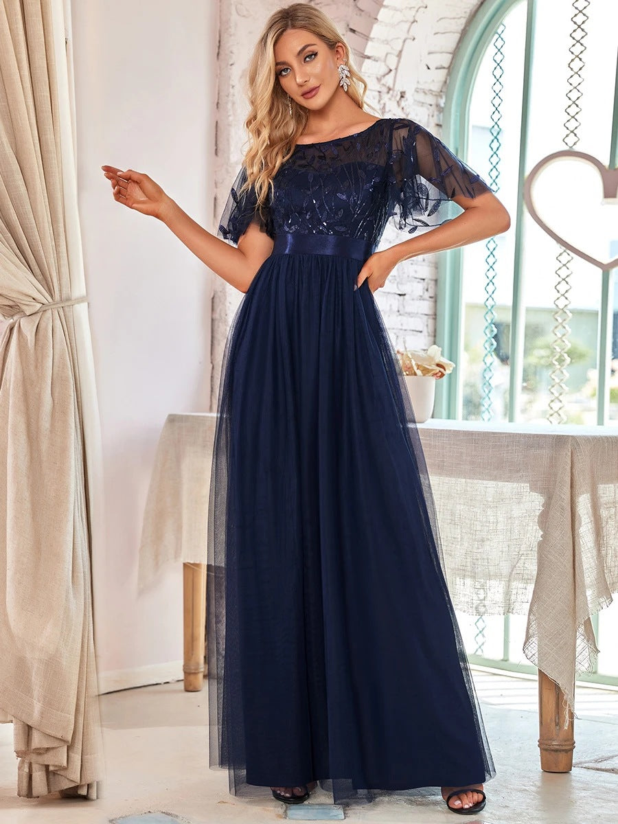Genevieve | Plus Size Sequin Embroidered Mesh A-Line Evening Dress