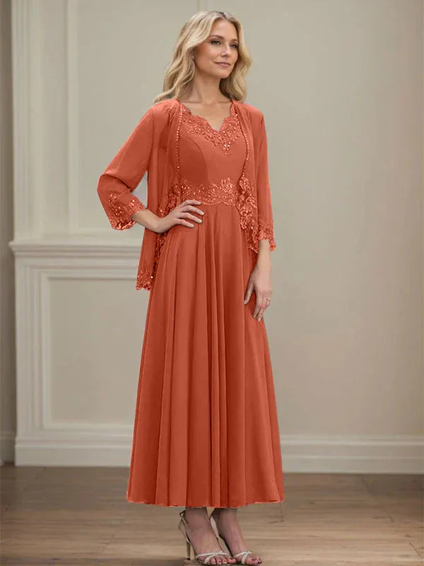 Evelina | A-Line Chiffon Dress with Sequins & Lace