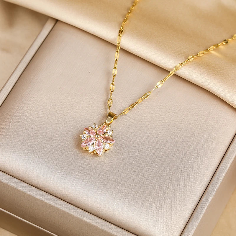 Romantic Sakura Rose Necklace in Stainless Steel