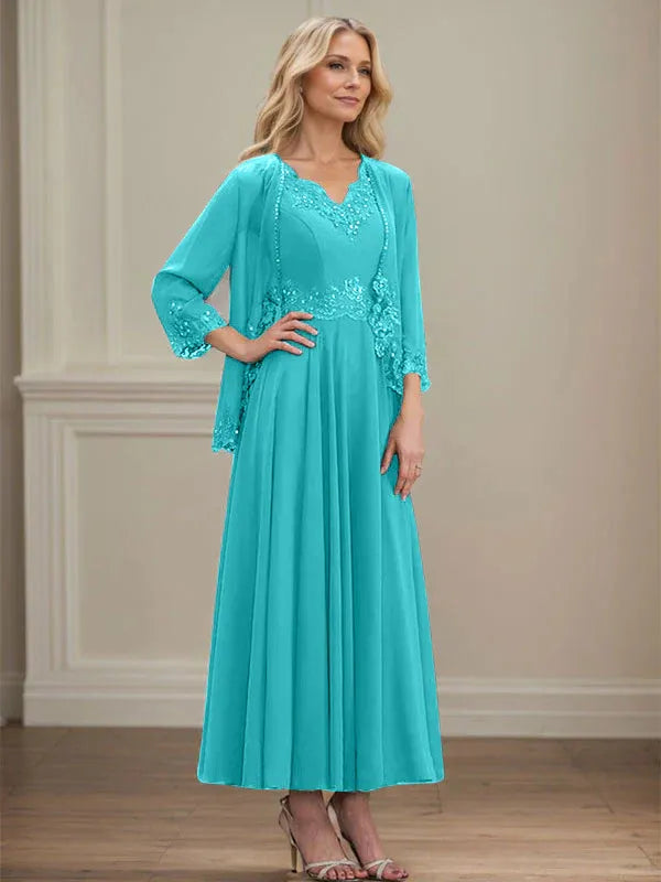 Evelina | A-Line Chiffon Dress with Sequins & Lace