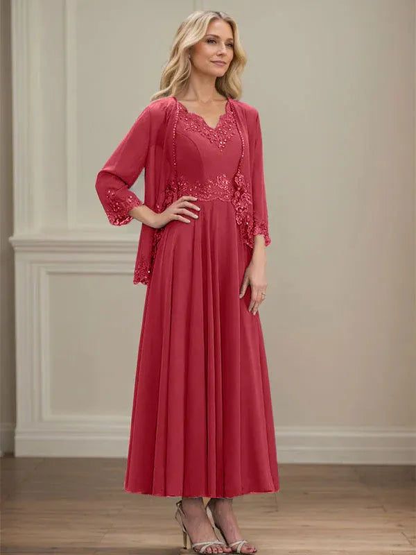 Evelina | A-Line Chiffon Dress with Sequins & Lace